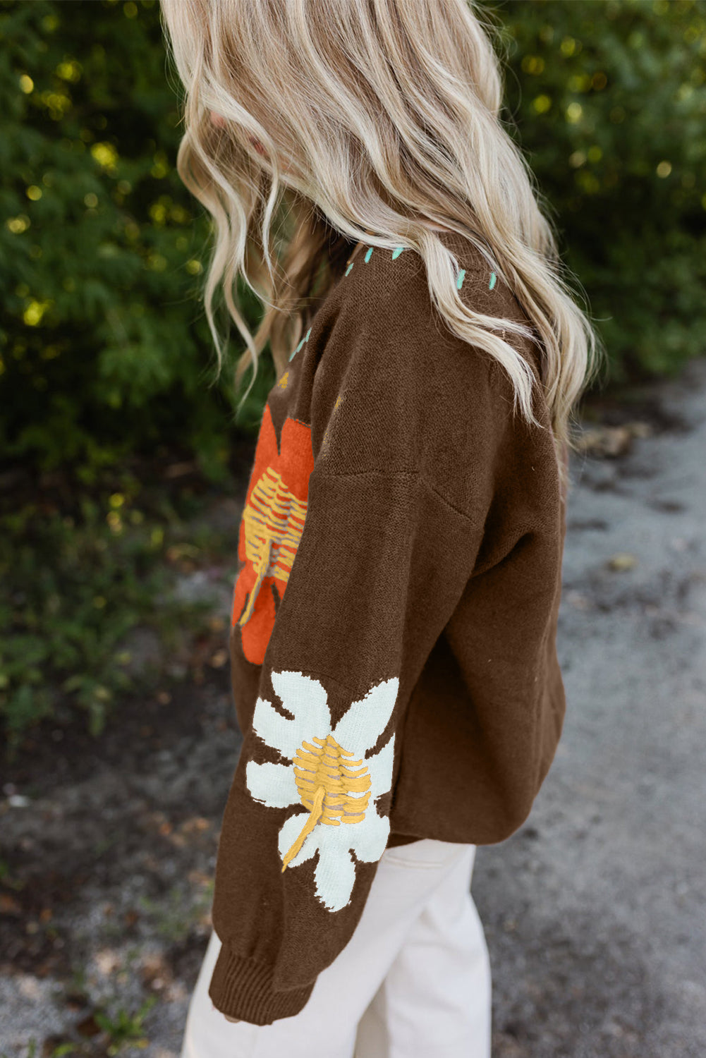 Coffee Big Flower Pattern V Neck Drop Shoulder Sweater Sweaters JT's Designer Fashion