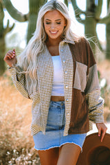 Khaki Houndstooth Color Contrast Textured Patchwork Loose Shacket Jackets JT's Designer Fashion