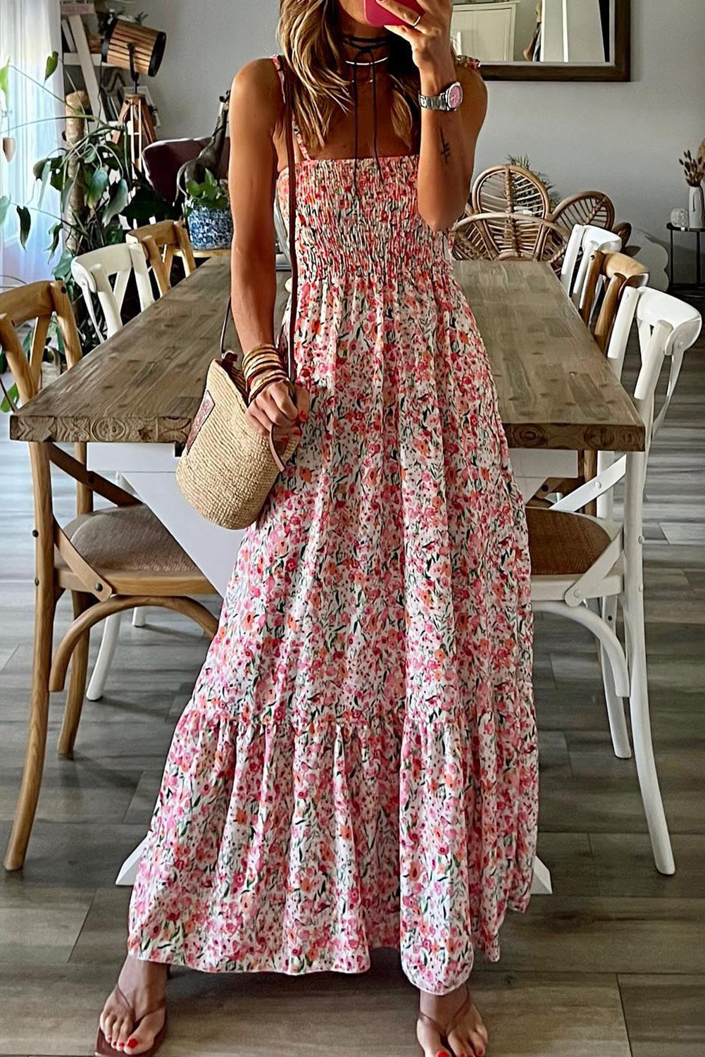 White Boho Floral Smocked Ruffled Long Dress White 100%Polyester Maxi Dresses JT's Designer Fashion