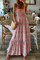 White Boho Floral Smocked Ruffled Long Dress White 100%Polyester Maxi Dresses JT's Designer Fashion