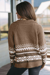 Brown Western Printed Ribbed Trim Collared Zip up Cardigan Cardigans JT's Designer Fashion