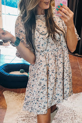 Beige Floral Puff Short Sleeve Empire Waist Mini Dress Floral Dresses JT's Designer Fashion