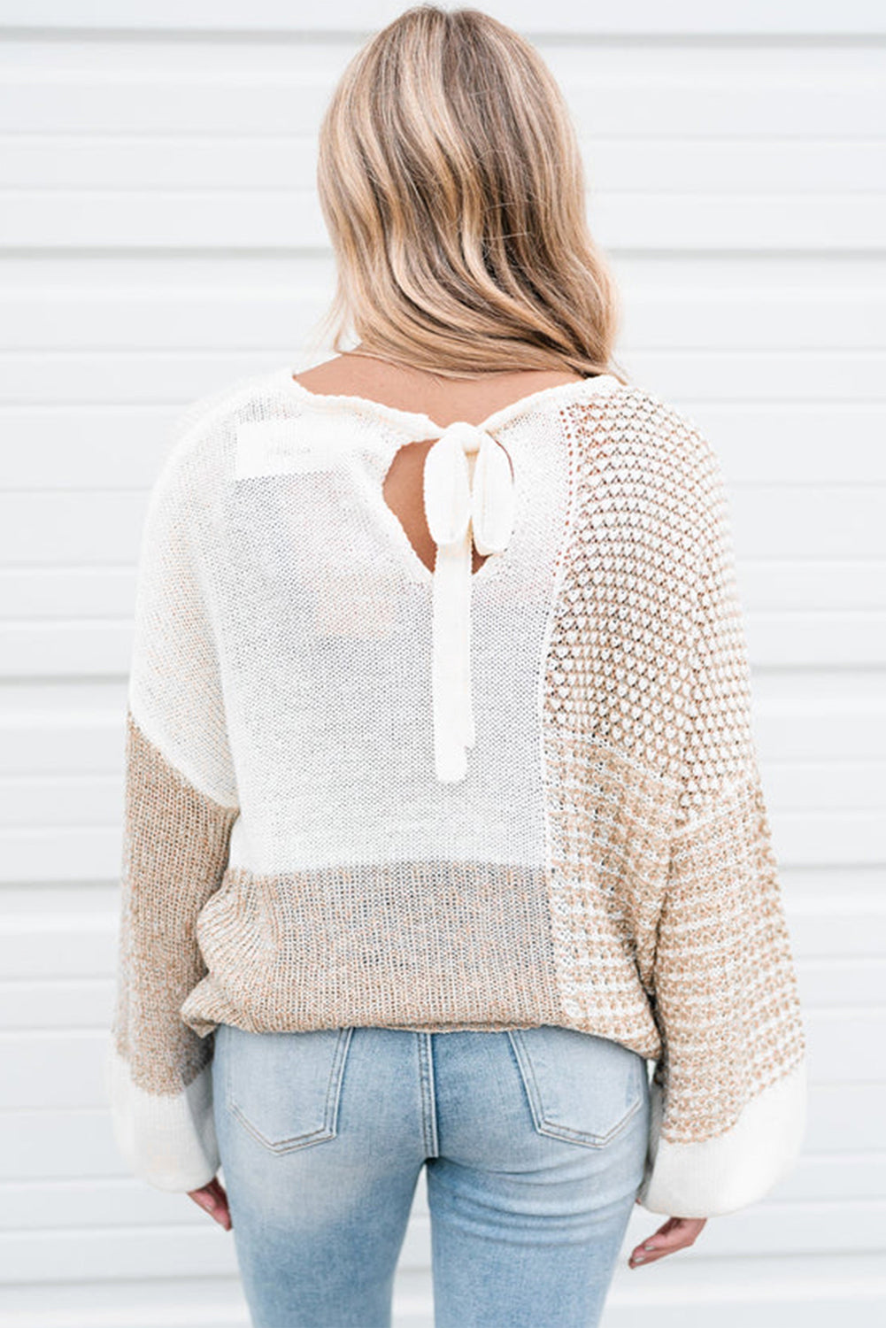 Oatmeal Mixed Pattern Knit Tie Keyhole Drop Shoulder Sweater Sweaters JT's Designer Fashion