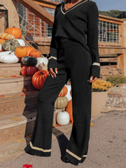 V-Neck Long Sleeve Top and Pants Set Pant Sets JT's Designer Fashion