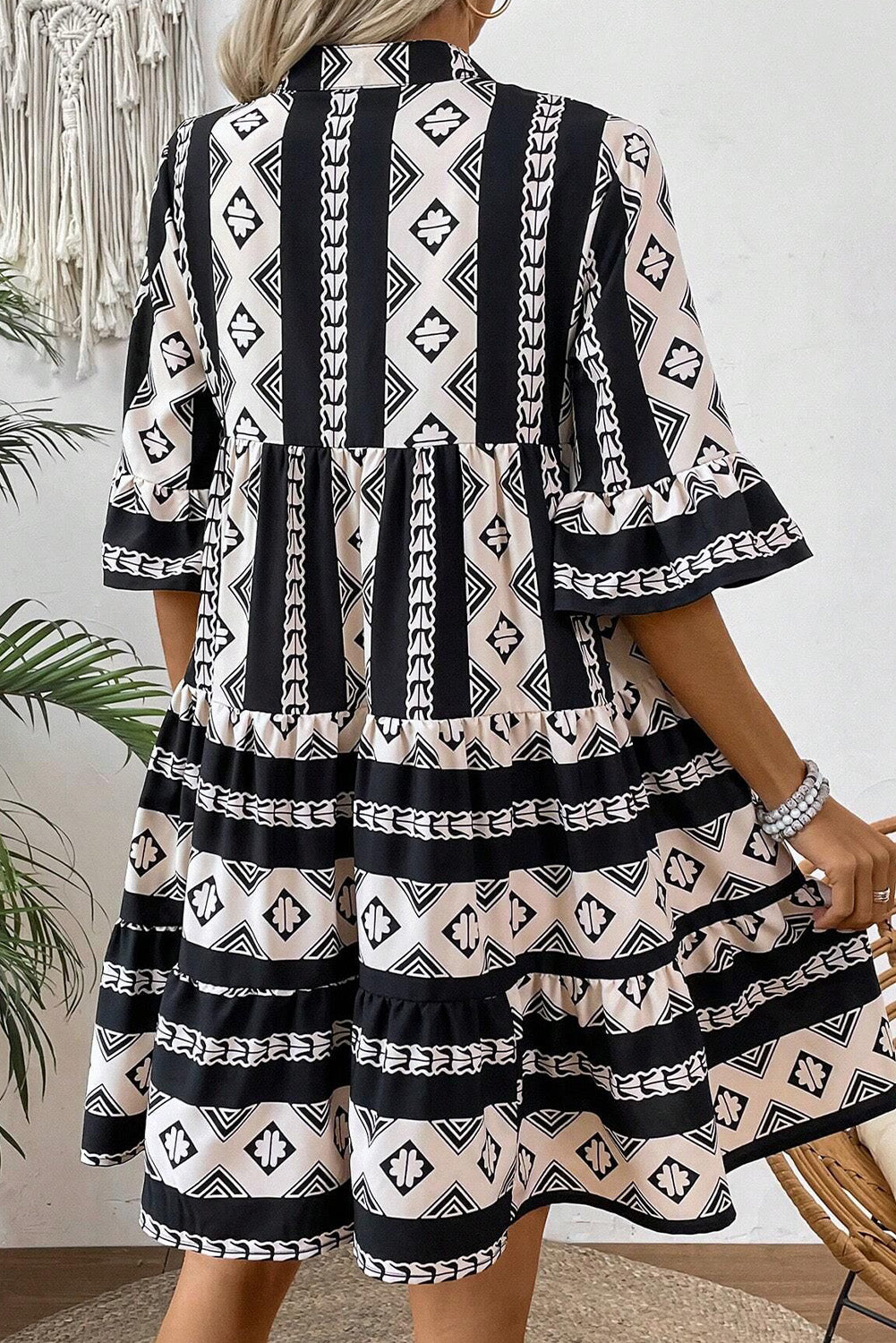 Black Geometric Print V Neck Ruffled Dress Mini Dresses JT's Designer Fashion