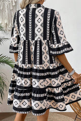 Black Geometric Print V Neck Ruffled Dress Mini Dresses JT's Designer Fashion