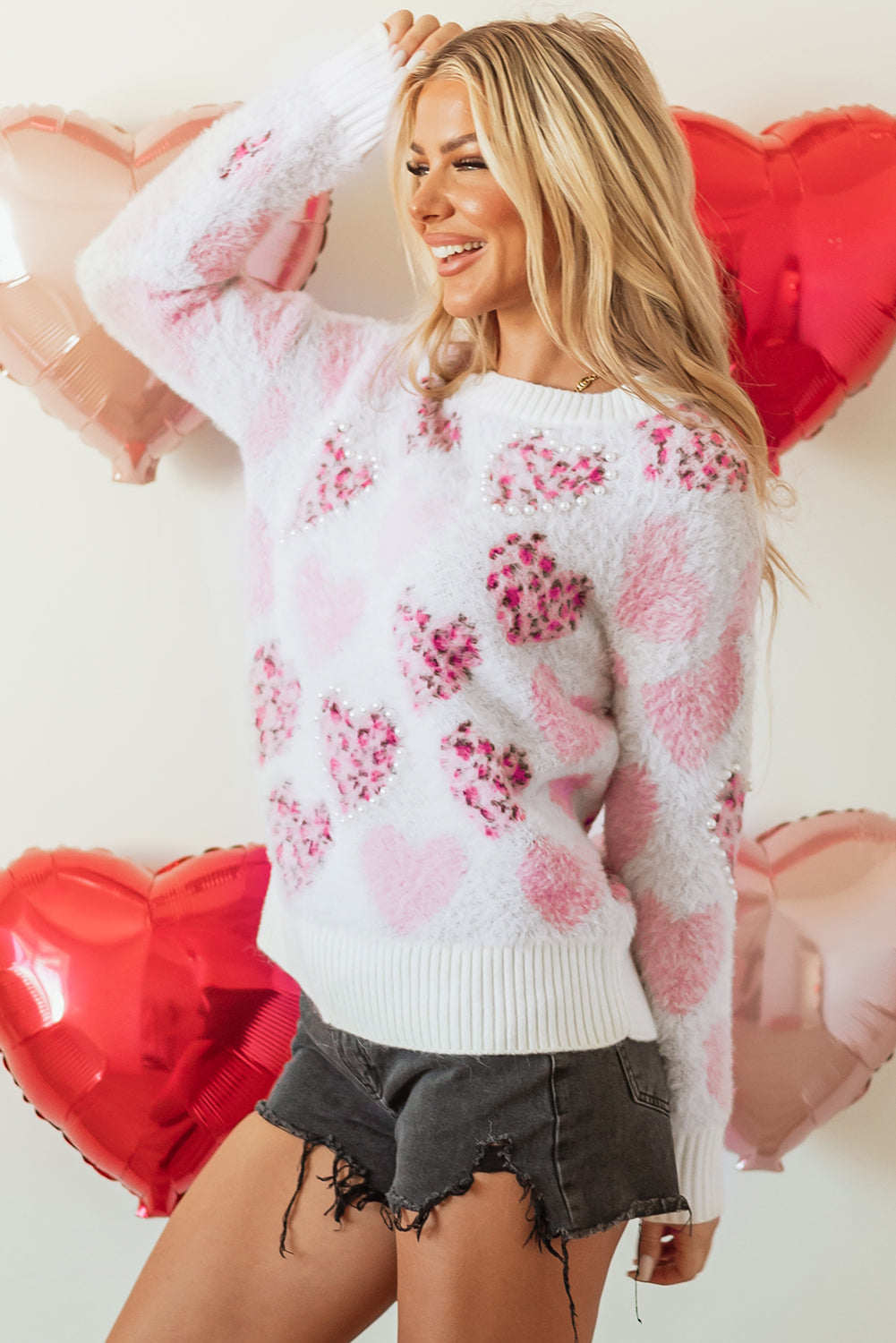 Pink Heart Leopard Print Pearled Ribbed Trim Fuzzy Sweater Sweaters JT's Designer Fashion