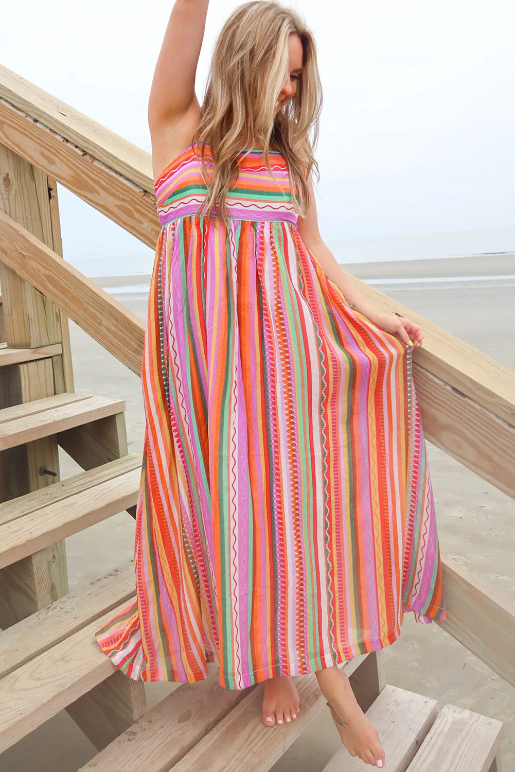 Multicolour Striped Thin Straps Smocked Back Boho Maxi Dress Dresses JT's Designer Fashion
