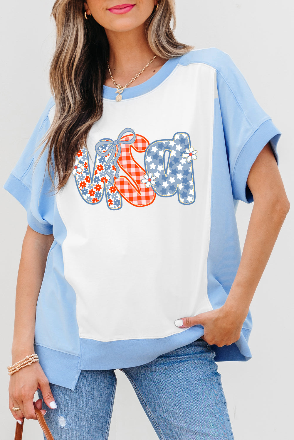 Sky Blue Star Plaid Flower USA Graphic Color Block Crewneck T Shirt Graphic Tees JT's Designer Fashion