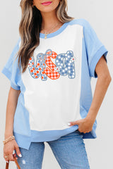 Sky Blue Star Plaid Flower USA Graphic Color Block Crewneck T Shirt Graphic Tees JT's Designer Fashion