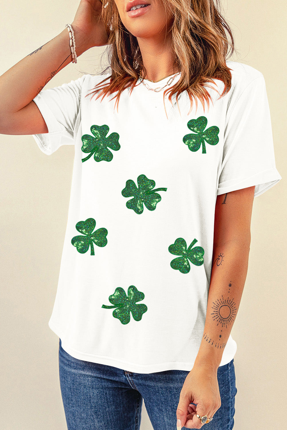 White Sequin Lucky Clover Graphic Crewneck Tee Graphic Tees JT's Designer Fashion