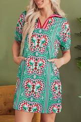 Mint Green Geometric Butterfly Print Split Neck Short Sleeve Dress Mini Dresses JT's Designer Fashion
