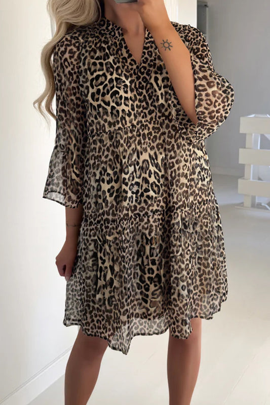 Khaki Leopard 3/4 Sleeve V Neck Swing Dress Khaki 100%Polyester Mini Dresses JT's Designer Fashion