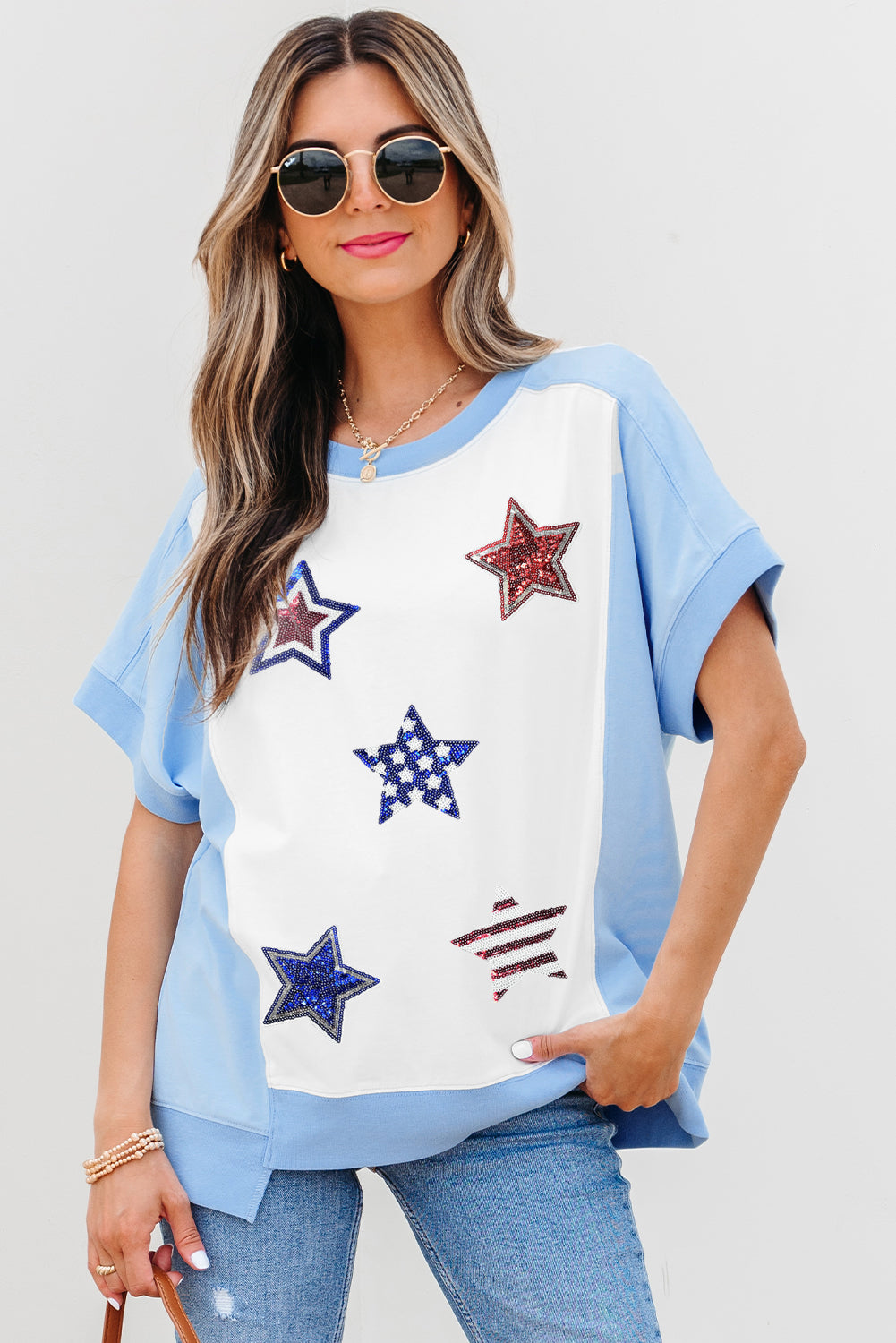 Sky Blue Patriotic Star Patched Colorblock T Shirt Graphic Tees JT's Designer Fashion