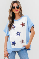 Sky Blue Patriotic Star Patched Colorblock T Shirt Graphic Tees JT's Designer Fashion