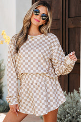 Khaki Checkered Long Sleeve Crop Top High Waist Skort 2pcs Set Short Sets JT's Designer Fashion