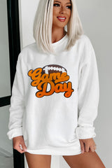 White Chenille Game Day Rugby Football Pattern Pullover Sweatshirt Graphic Sweatshirts JT's Designer Fashion