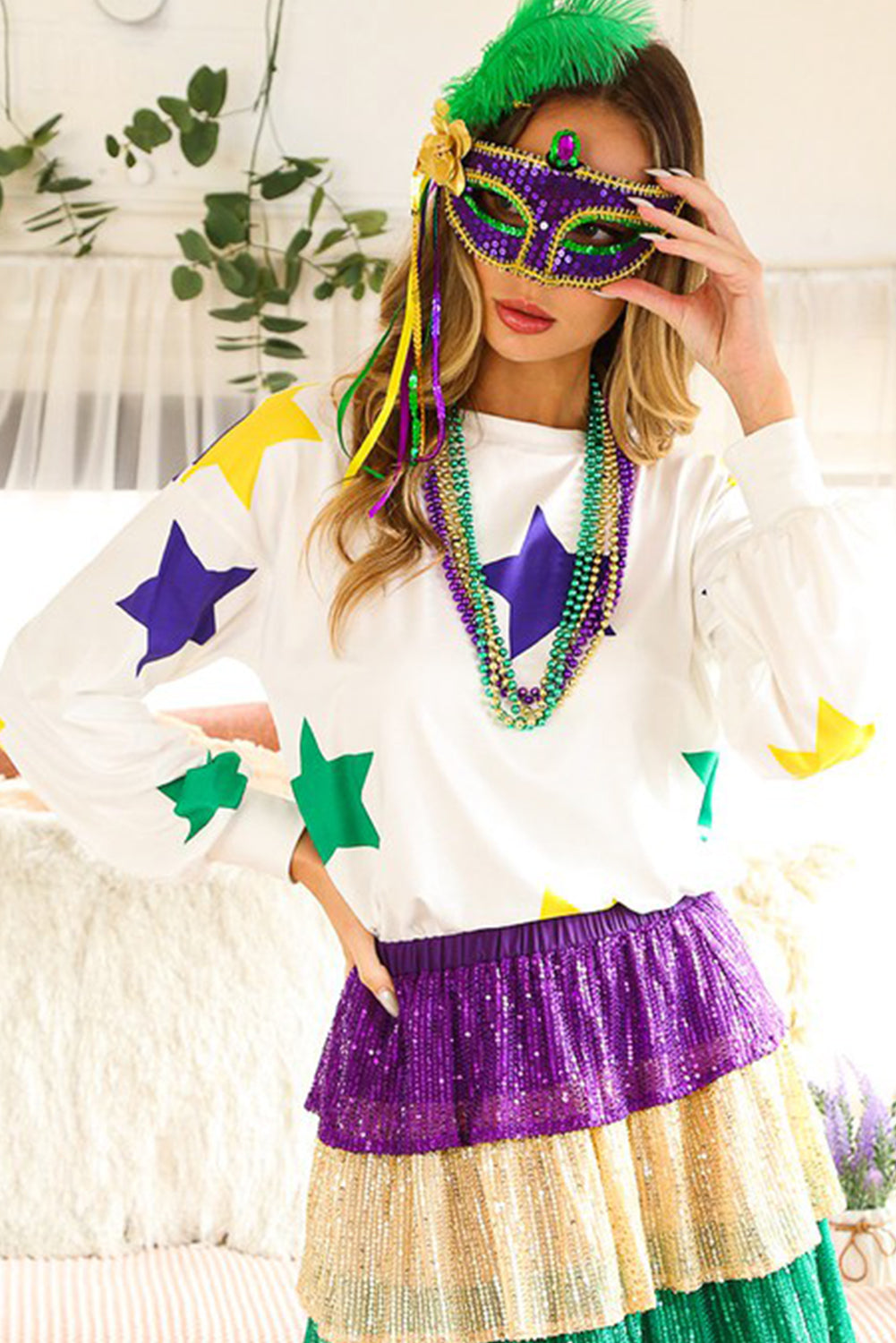 White Mardi Gras Star Printed Long Sleeve Top Long Sleeve Tops JT's Designer Fashion