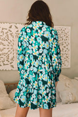 Green Floral Tiered Long Puff Sleeve Shirt Dress Floral Dresses JT's Designer Fashion