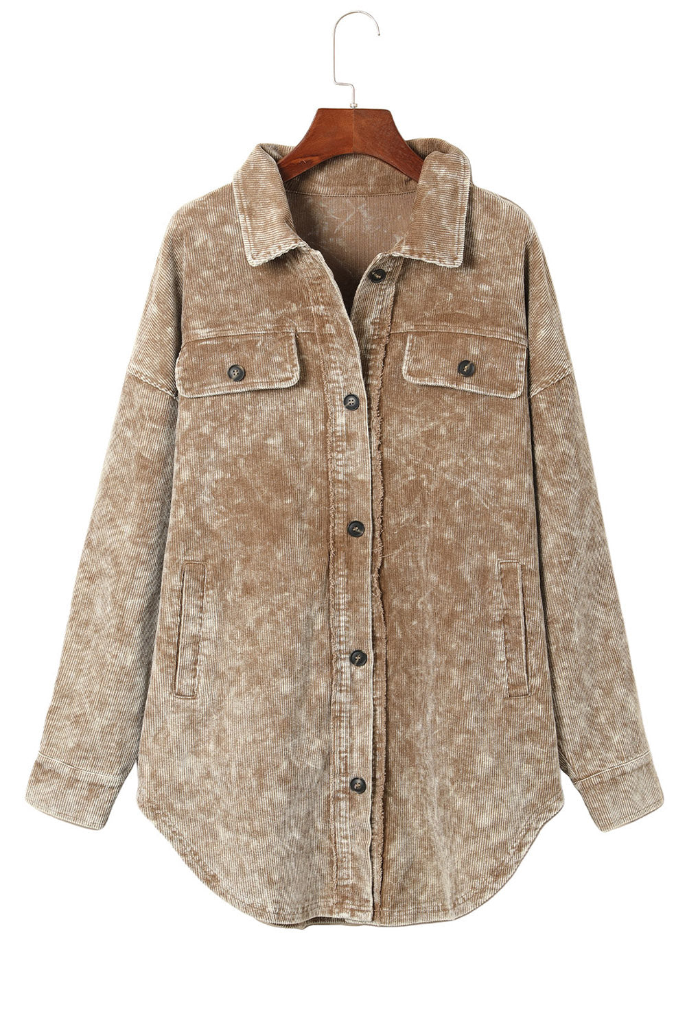 Khaki Vintage Distressed Mineral Wash Oversized Shacket Jackets JT's Designer Fashion