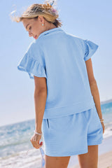Beau Blue Ribbed Texture Half Zip Ruffled Short Sleeve Top and Shorts Set Short Sets JT's Designer Fashion