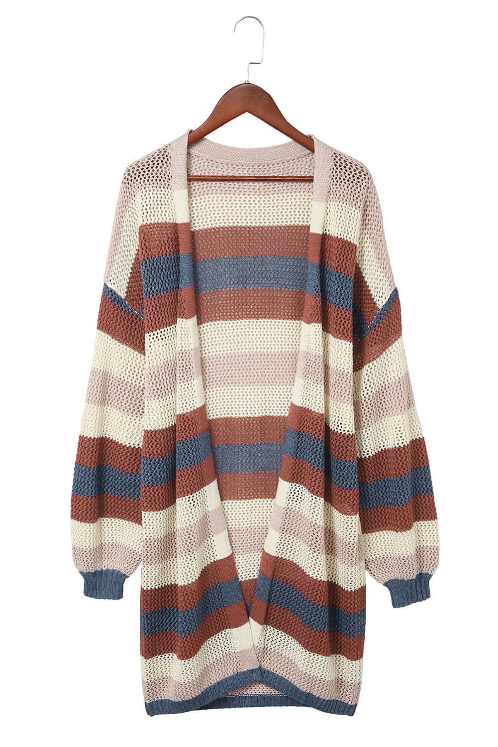 Blue Striped Color Block Hollowed Knit Cardigan Sweaters & Cardigans JT's Designer Fashion