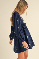 Blue Floral Embroidered Square Neck Puff Sleeve Ruffled Mini Dress Mini Dresses JT's Designer Fashion