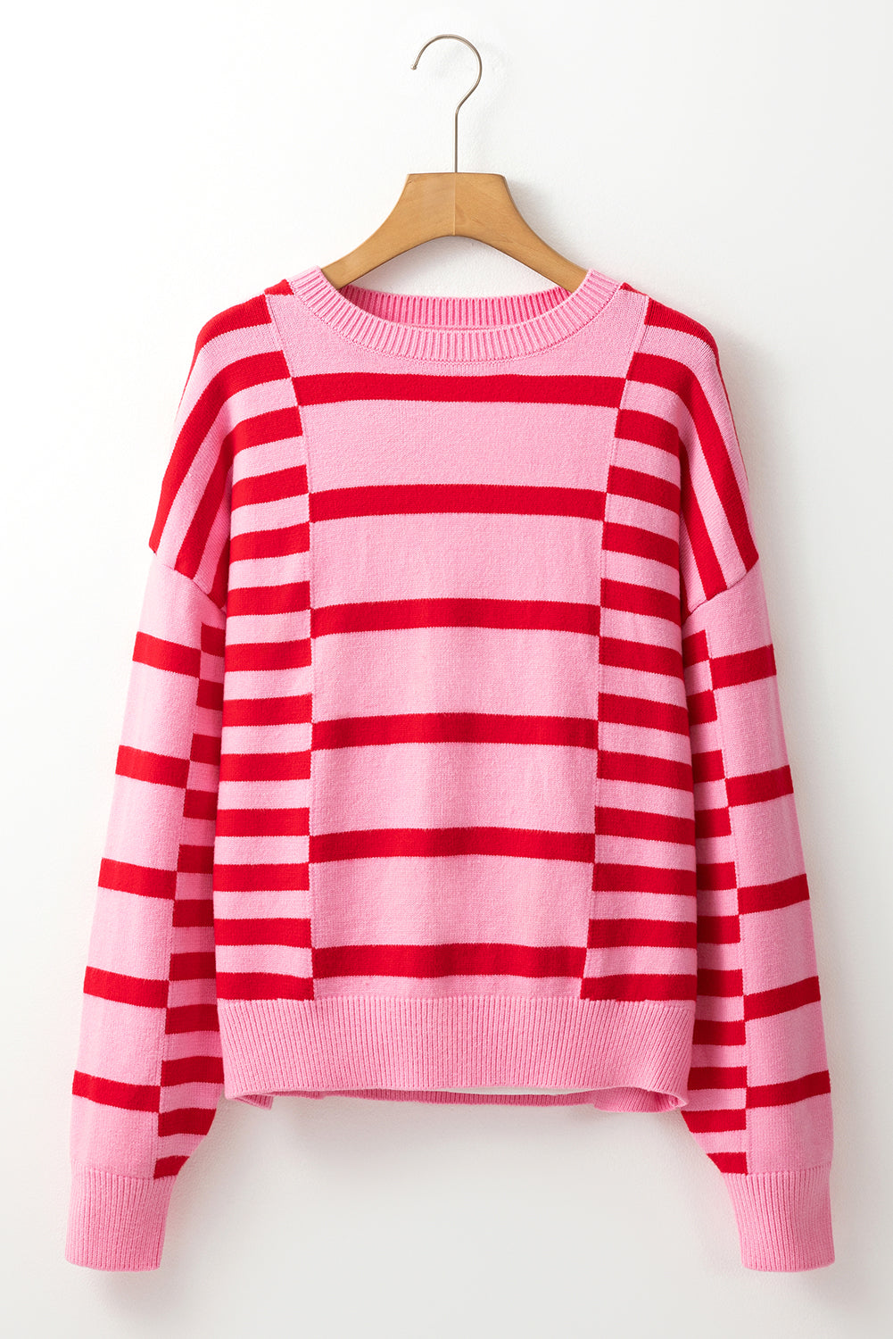 Pink Stripe Bubble Sleeve Drop Shoulder Ribbed Trim Sweater Sweaters JT's Designer Fashion