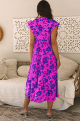 Rose Floral Print Tiered Frilled Trim Flutter Sleeve Maxi Dress Floral Dresses JT's Designer Fashion