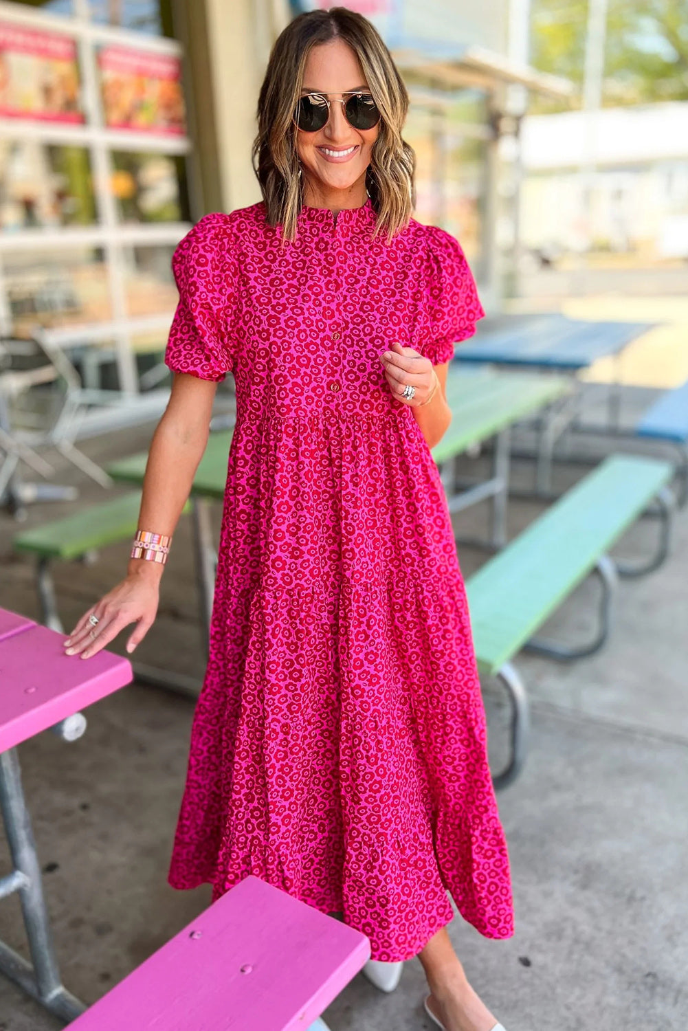 Rose Red Mock Neck Puff Sleeve Leopard Tiered Maxi Dress Dresses JT's Designer Fashion