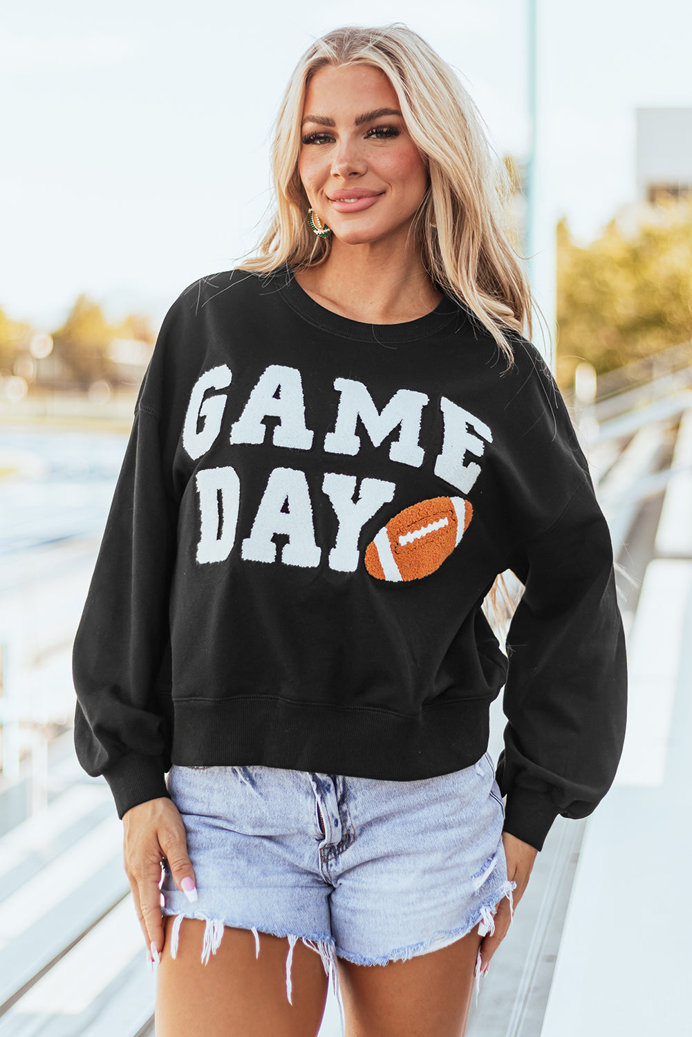Black GAME DAY Graphic Varsity Pullover Sweatshirt Sweatshirts & Hoodies JT's Designer Fashion