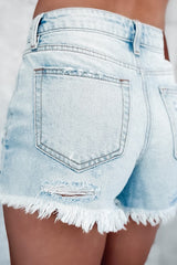 Light Blue Light Wash Raw Hem Frayed Straight Leg Denim Shorts Bottoms JT's Designer Fashion