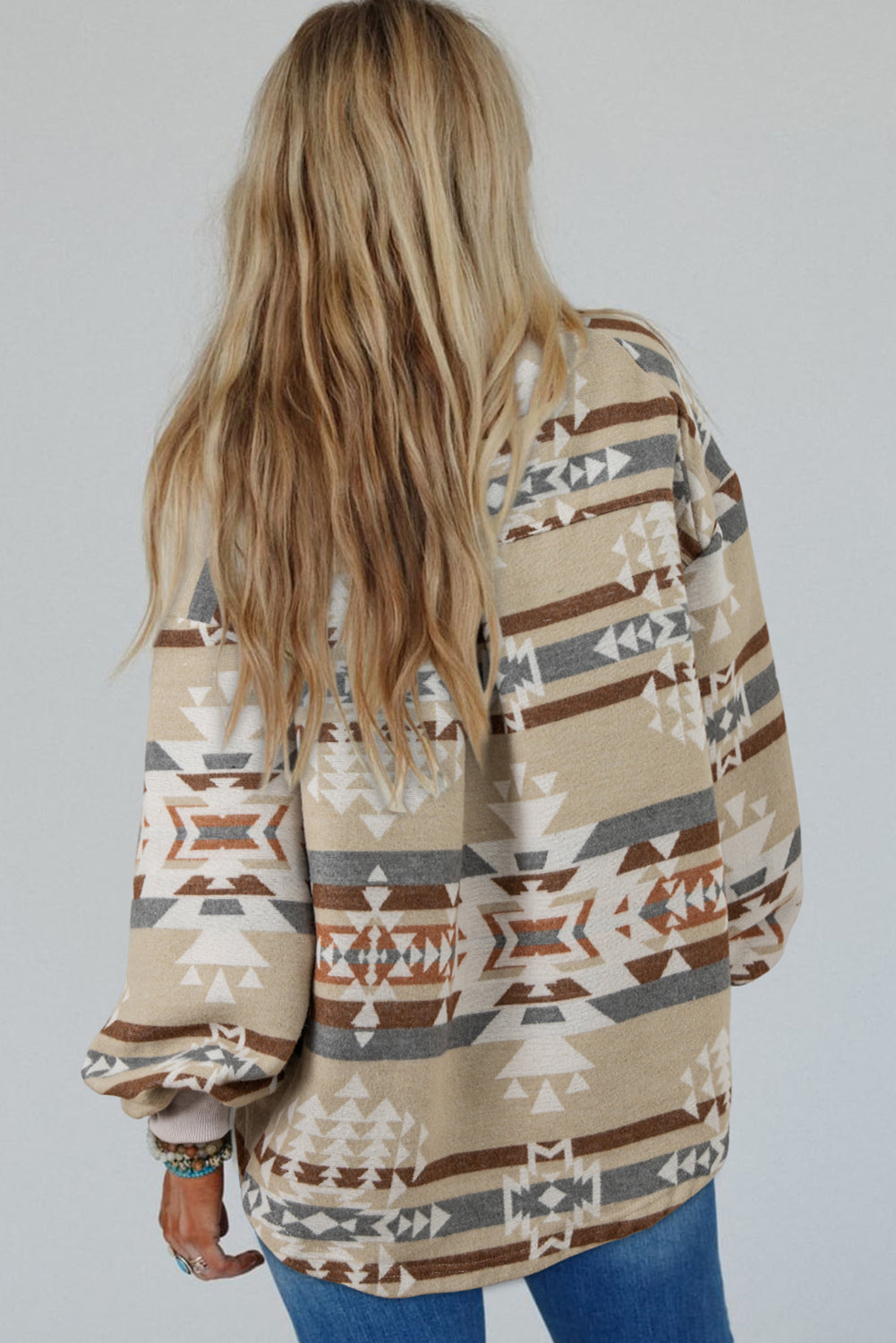 Apricot Aztec Print Collared Flap Pocket Sweatshirt Sweatshirts & Hoodies JT's Designer Fashion