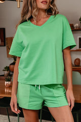 Mint Green V Neck Drop Shoulder Tee and Patchwork Drawstring Elastic Waistband Shorts Set Short Sets JT's Designer Fashion
