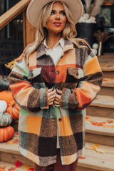 Orange Plaid Print Flap Pocket Long Jacket Jackets JT's Designer Fashion