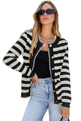 White Stripe Chic Golden Button Cardigan Sweater Cardigans JT's Designer Fashion