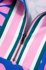 Purple Floral Striped Quarter Zip Cap Sleeve Drawstring Waist Mini Dress Floral Dresses JT's Designer Fashion
