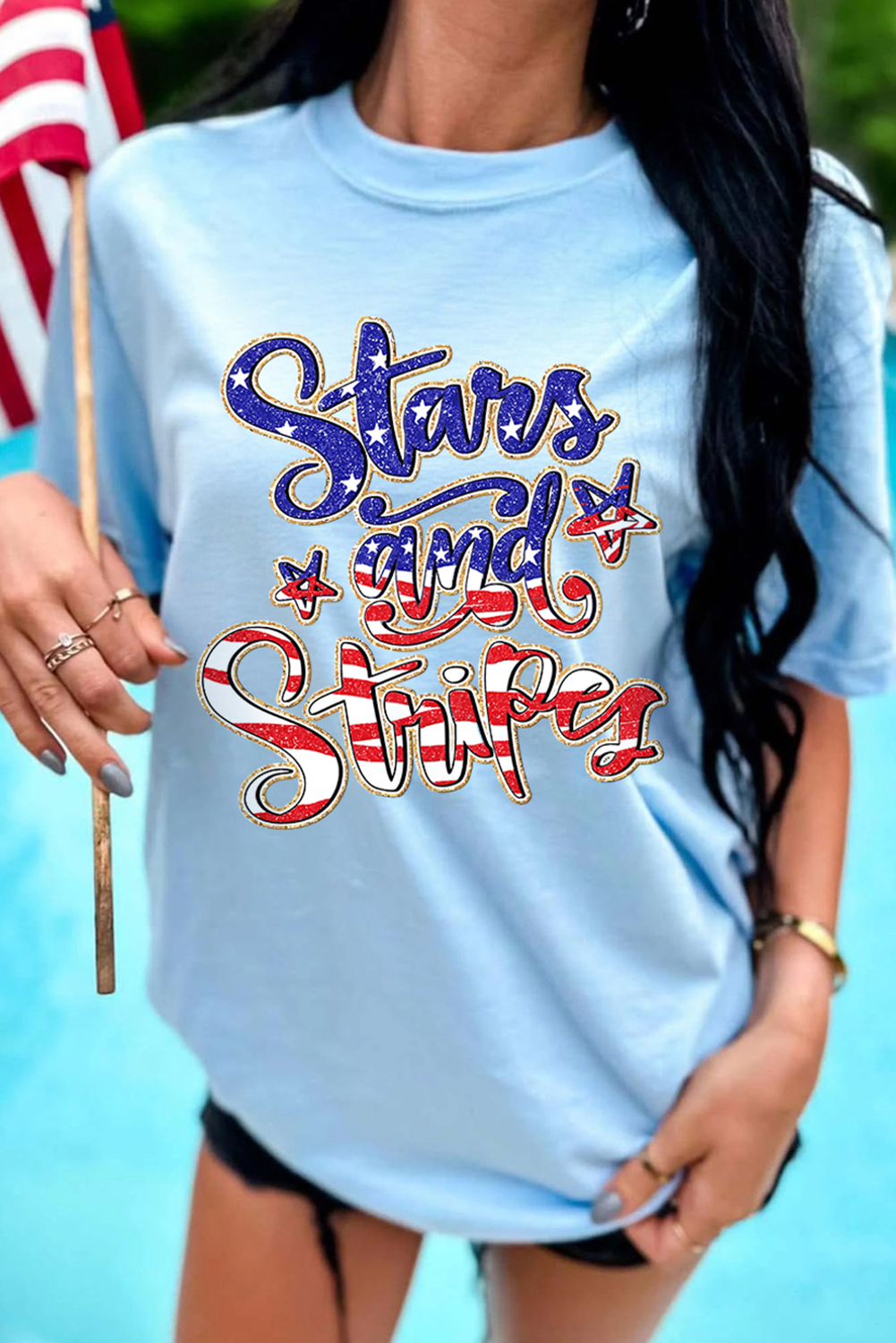 Light Blue Stars and Stripes Graphic July 4th Patriotic Tee Graphic Tees JT's Designer Fashion