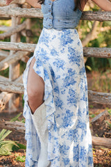 Sky Blue Boho Floral High Waist Ruffle Split Maxi Skirt Skirts & Petticoat JT's Designer Fashion