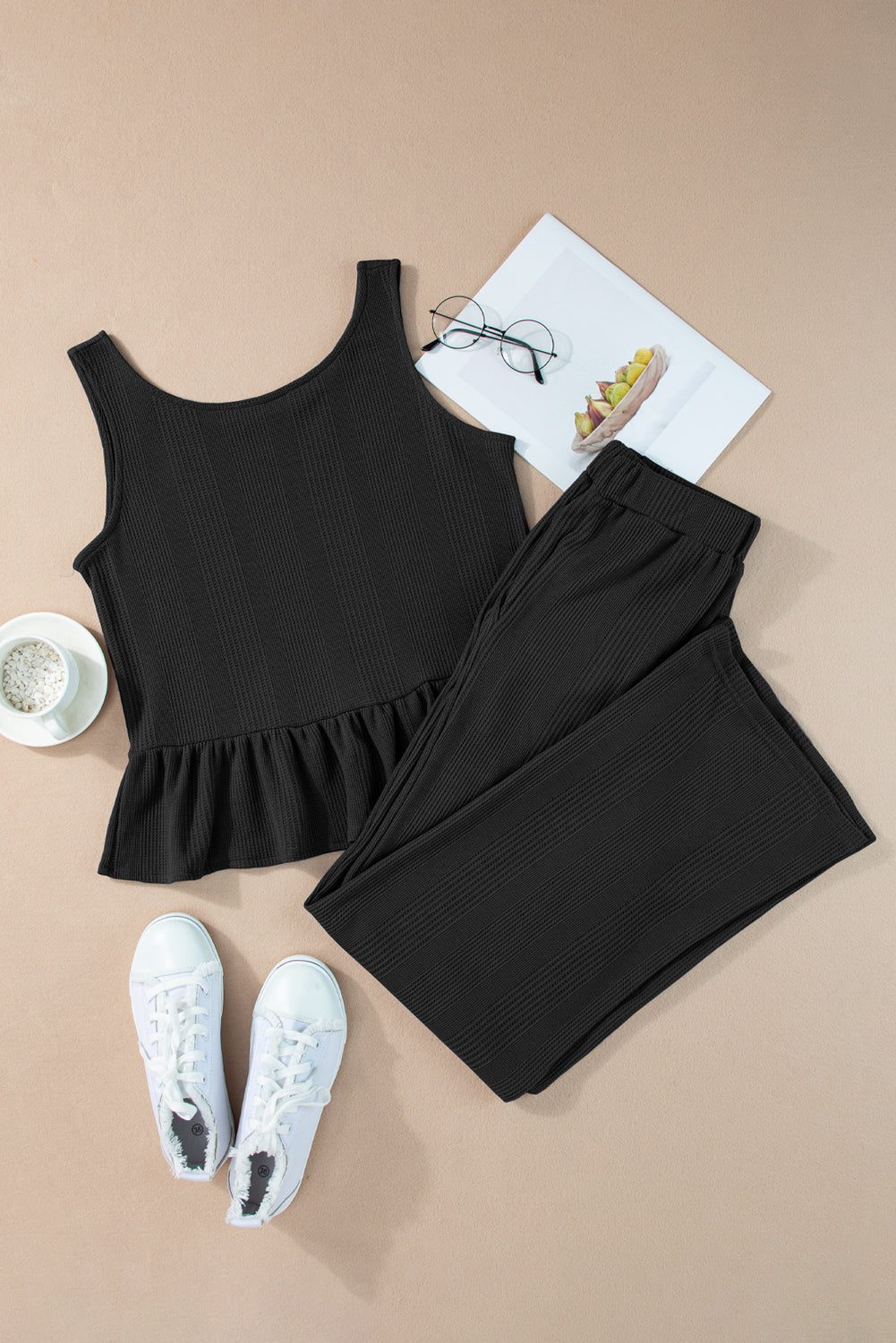 Black Solid Color Ribbed Ruffle Tank Top and Pants Set Pant Sets JT's Designer Fashion