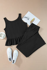 Black Solid Color Ribbed Ruffle Tank Top and Pants Set Pant Sets JT's Designer Fashion