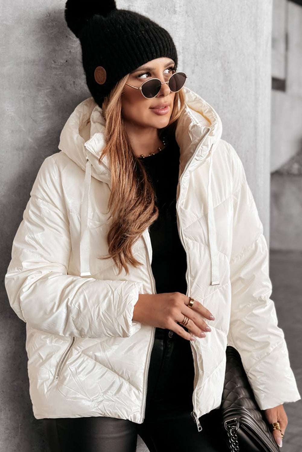 White Solid Quilted Hooded Zip Up Puffer Coat Jackets JT's Designer Fashion