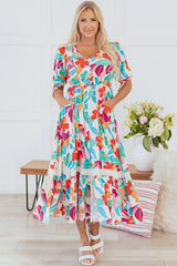 Rose Red Floral Knot Puff Sleeve V Neck Buttoned Front Split Lace Maxi Dress Floral Dresses JT's Designer Fashion