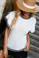 White Contrast Trim Round Neck Batwing Sleeve Knitted Top Sweaters & Cardigans JT's Designer Fashion