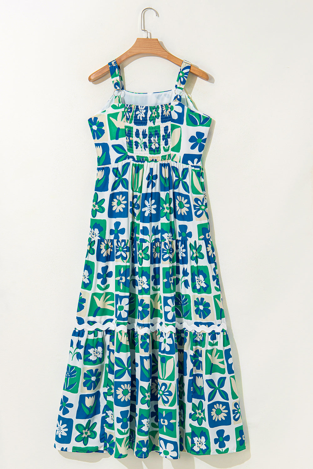 Multicolour Checkered Floral Print Ricrac Trim Casual Pocketed Sleeveless Long Dress Dresses JT's Designer Fashion