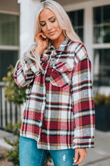 Fiery Red Geometric Plaid Print Pocketed Shacket Plaid Shackets JT's Designer Fashion