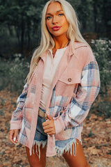 Light Pink Plaid Corduroy Patchwork Chest Pocket Shacket Plaid Shackets JT's Designer Fashion