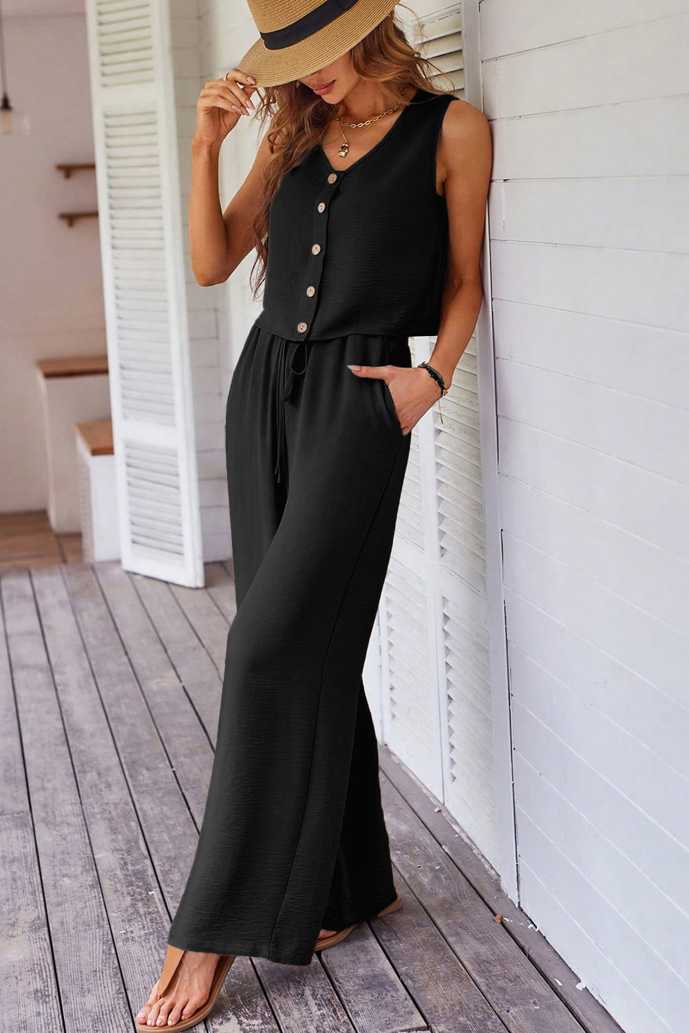 Black Buttoned Vest Drawstring Wide Leg Pants 2pcs Set Pant Sets JT's Designer Fashion