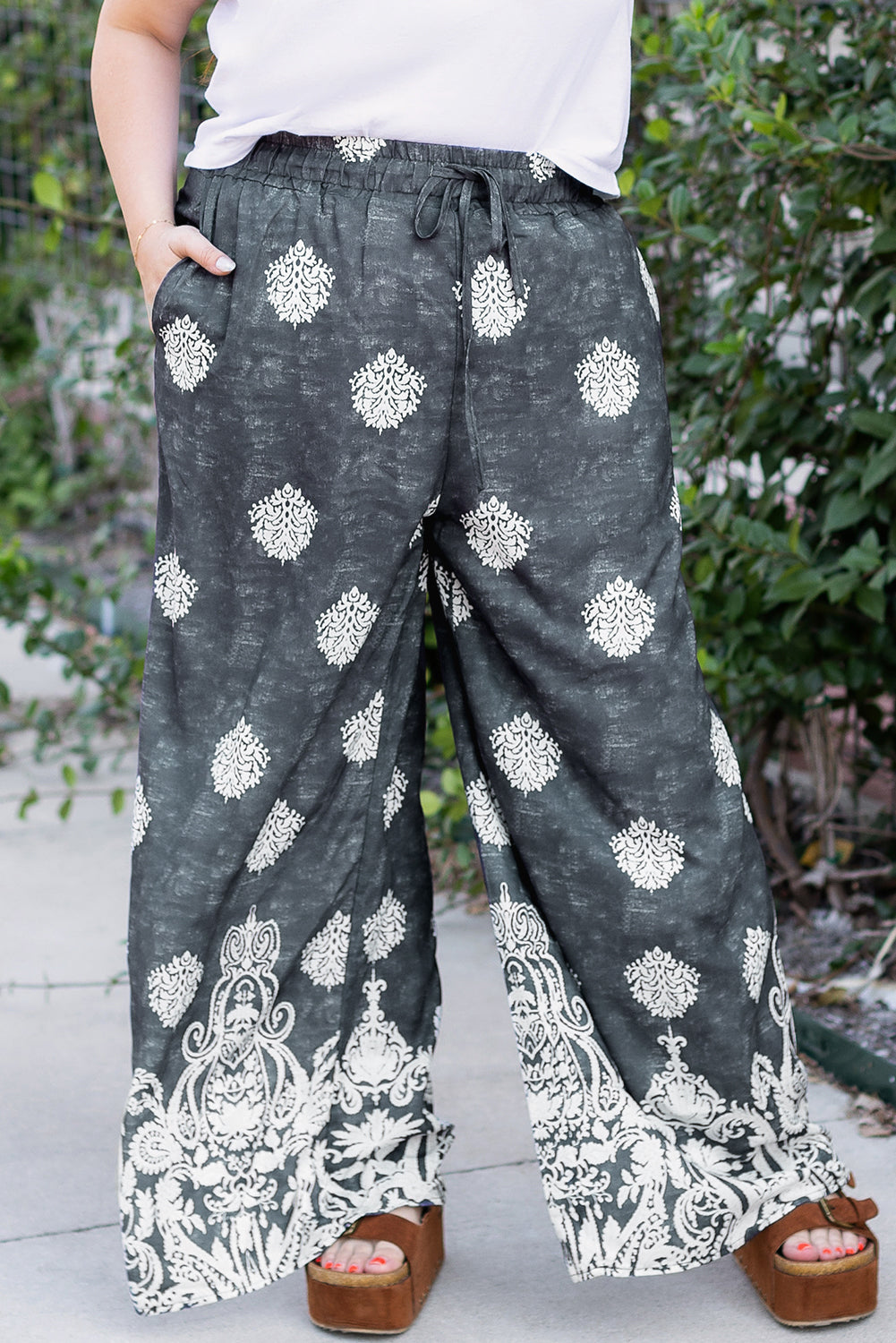 Black Plus Size Geometric Ethnic Print Drawstring Wide Leg Pants Plus Size Bottoms JT's Designer Fashion