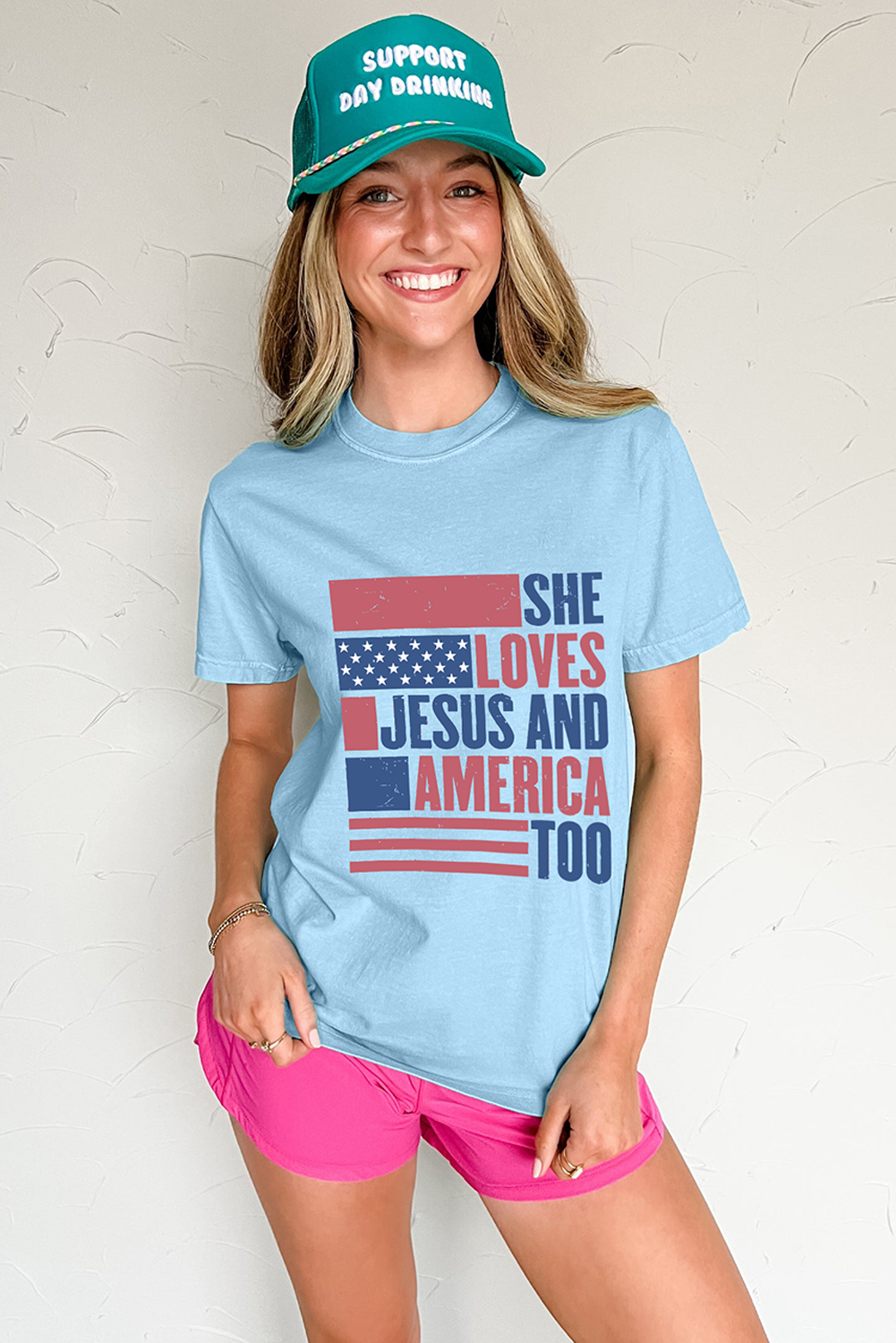 Light Blue SHE LOVES JESUS AND AMERICA TOO Flag Graphic T Shirt Graphic Tees JT's Designer Fashion